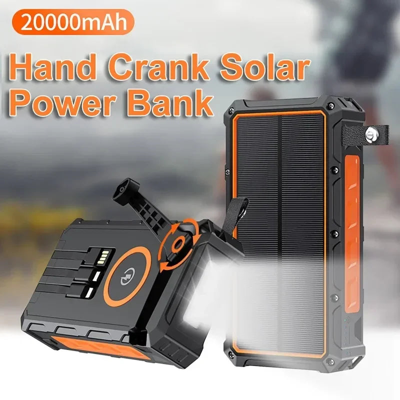 Portable Hand Crank Solar Power Bank With Light 20000mAh Large Capacity Fast Charging Mobile Power Supply Charger Station