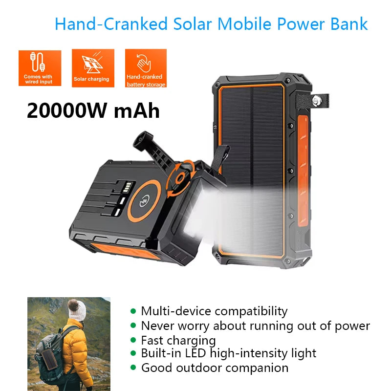 Portable Hand Crank Solar Power Bank With Light 20000mAh Large Capacity Fast Charging Mobile Power Supply Charger Station