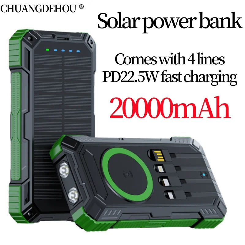 Portable Solar Power Bank Pd22.5W Fast Charging 20000Mah Large Capacity, Wireless Fast Charging and Comes with 4 USB Cable Mobile Power Supply, with Strong Light Led Light, Solar Power Bank Fast Rechargeable Battery